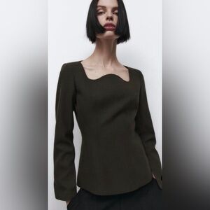 NWT Zara Green Top Long Sleeve Topstitched Slit Blouse Fitted Back Zipper Sz XS